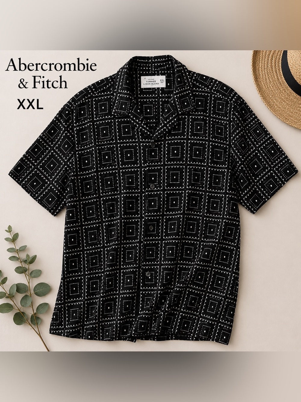 Abercrombie & Fitch Summer Linen Blend XXL Camp Collar Geo Print Shirt
